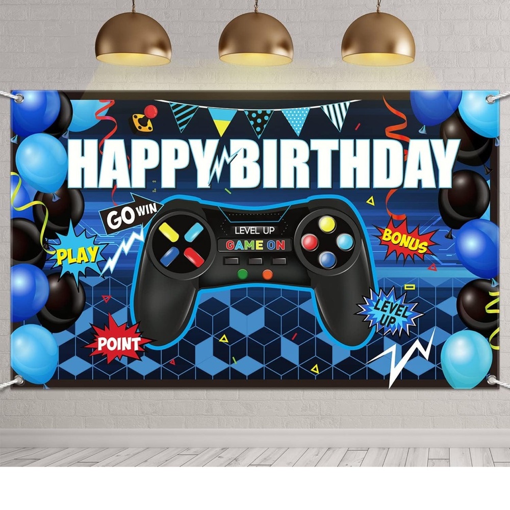 Video Game Happy Birthday Backdrop (Blue/Black)